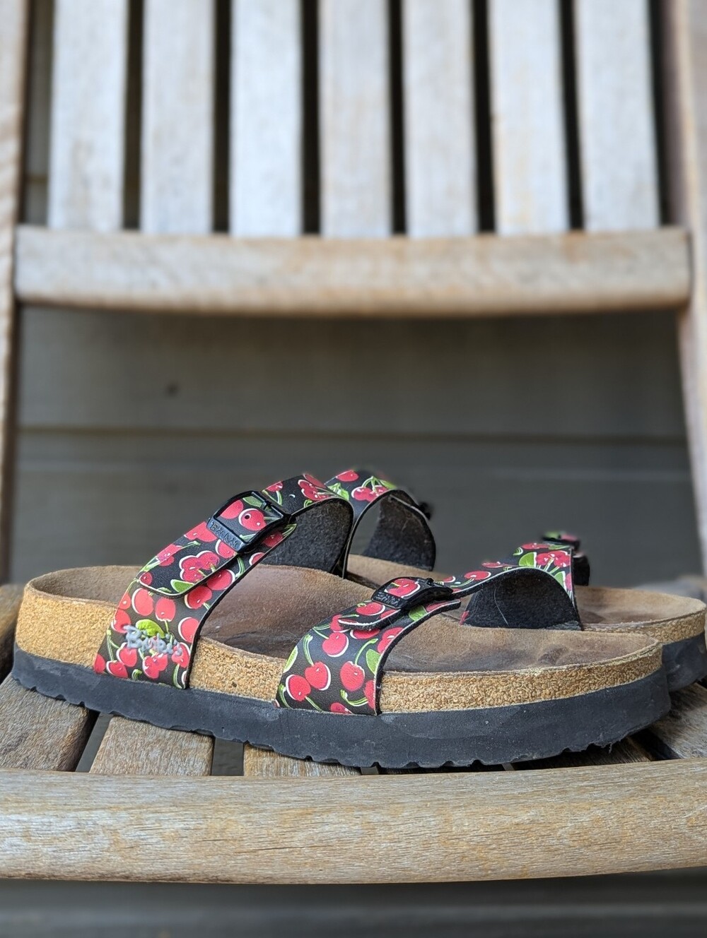 Birkenstock Birki's Red Cherry Print Double Strap Sandals Size L7 M5 Narrow